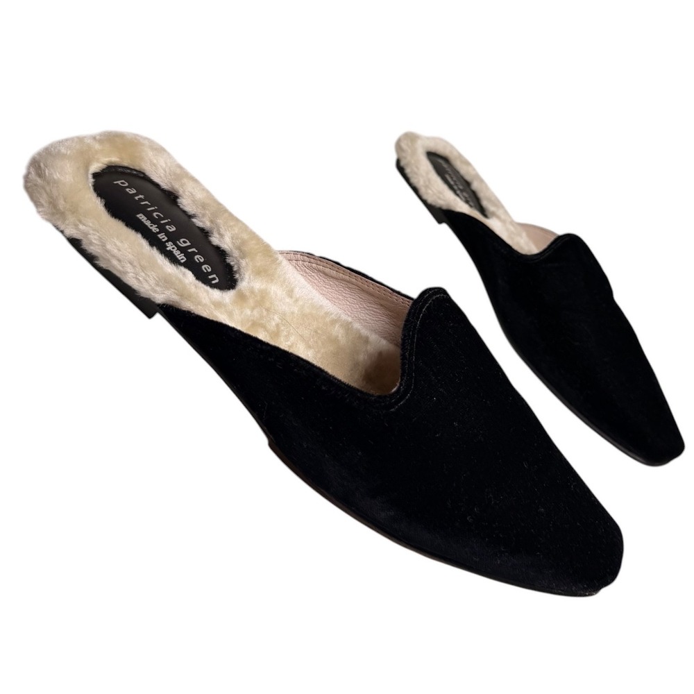 Patricia Green Charlotte Velvet Faux Fur Mule Slippers Black Women 8 Spain - Picture 10 of 14